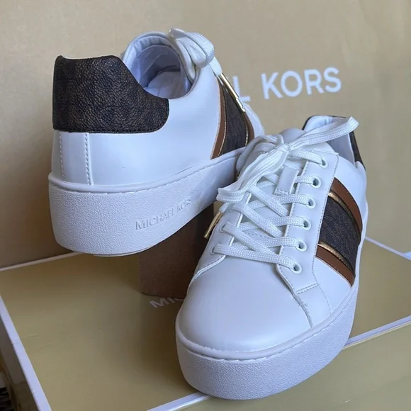 MICHAEL KORS POPPY STRIPE LACE UP NAPPA FAUX LEATHER WMNS OPTIC WHITE/BROWN - Picture 10 of 16